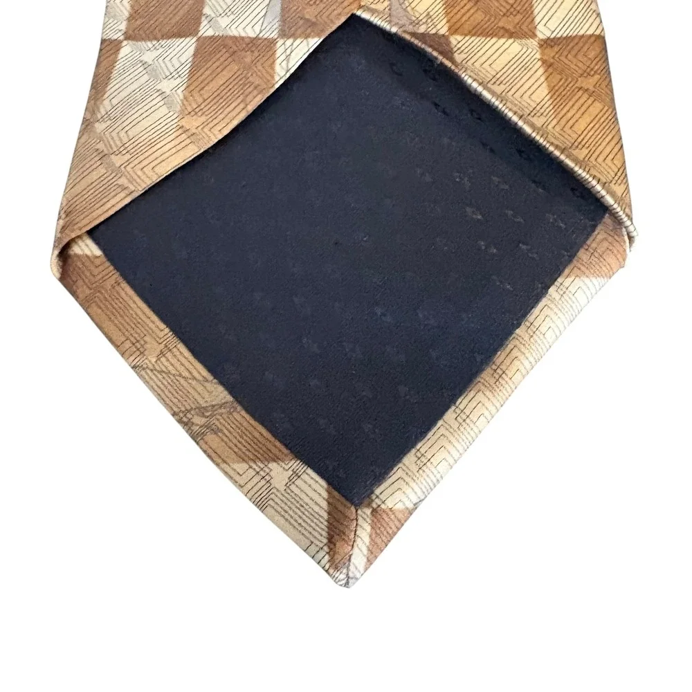 Haggar Black Label Silk Tie Geometric Brown Tan Checkerboard‎ Extra Long retro